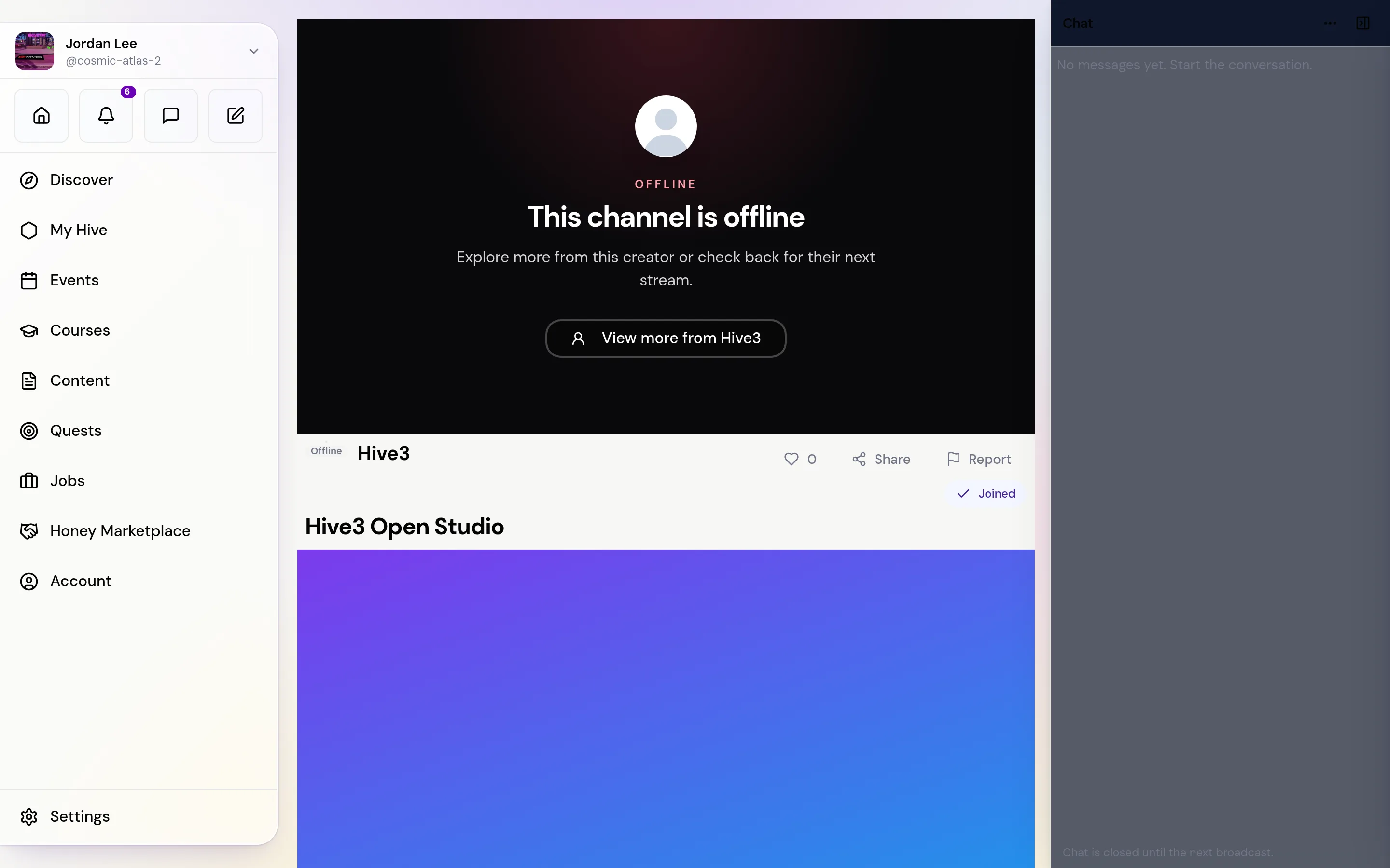 A channel page with nothing streaming: This channel is offline in the player, the View more button, the channel name with an Offline badge, the like count, Share, Report and Joined buttons, and the chat panel reading that chat is closed until the next broadcast.