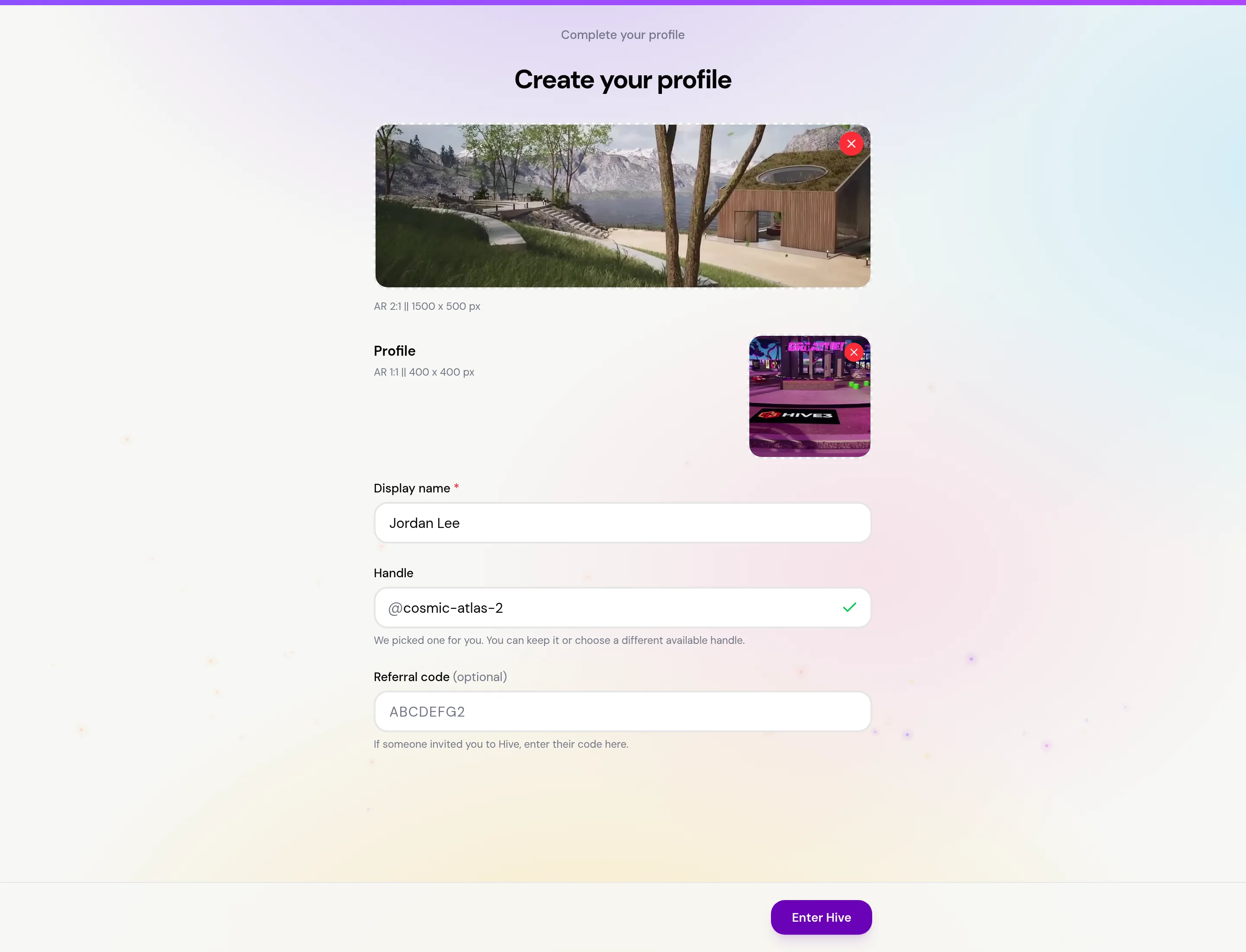 The Create your profile page with a banner upload area, a profile photo upload, and fields for display name, handle and referral code, and an Enter Hive button
