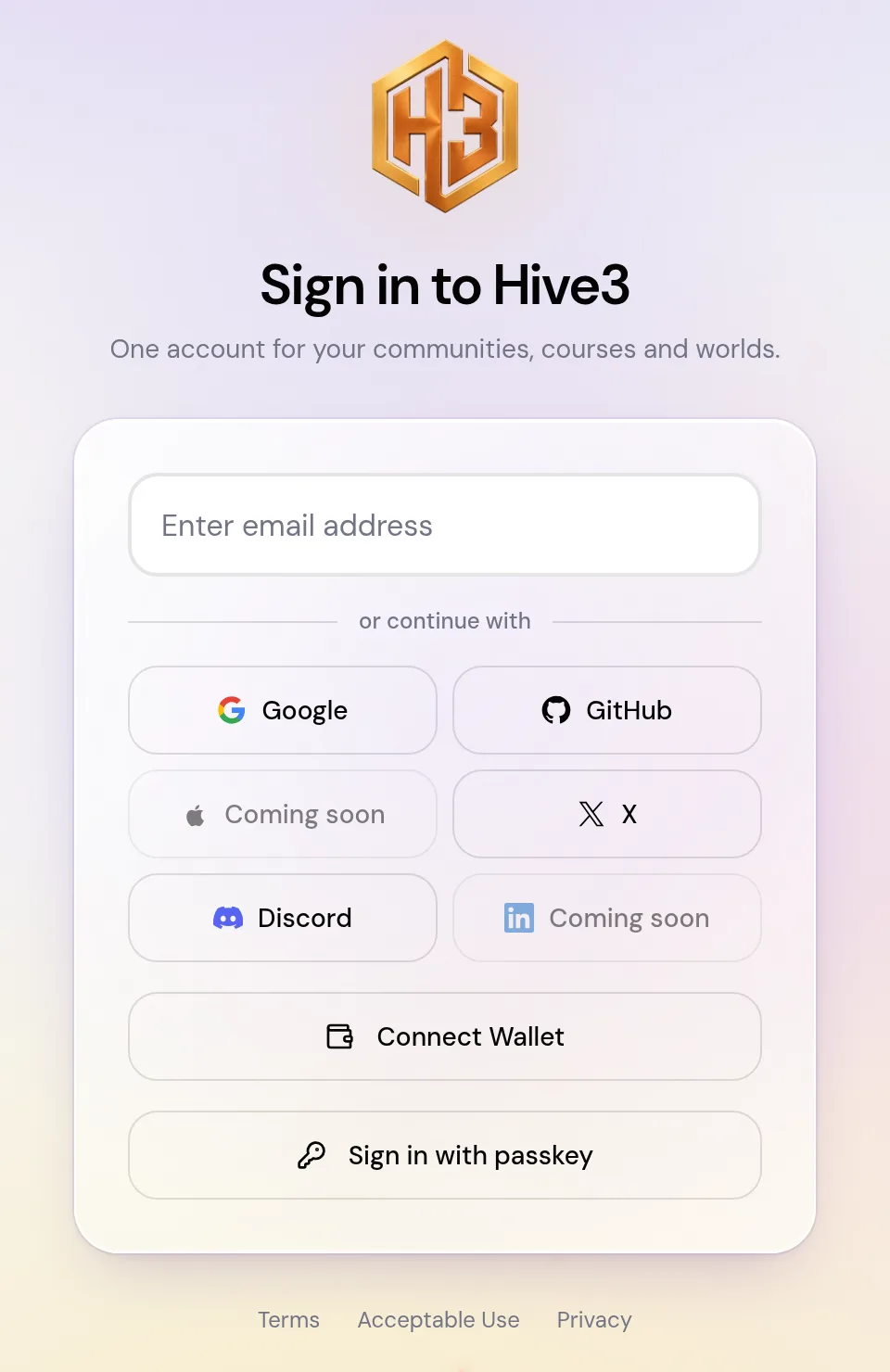 The Hive3 sign-in page with an email field, buttons for Google, GitHub, Apple, X, Discord and LinkedIn, and buttons for Connect Wallet and Sign in with passkey