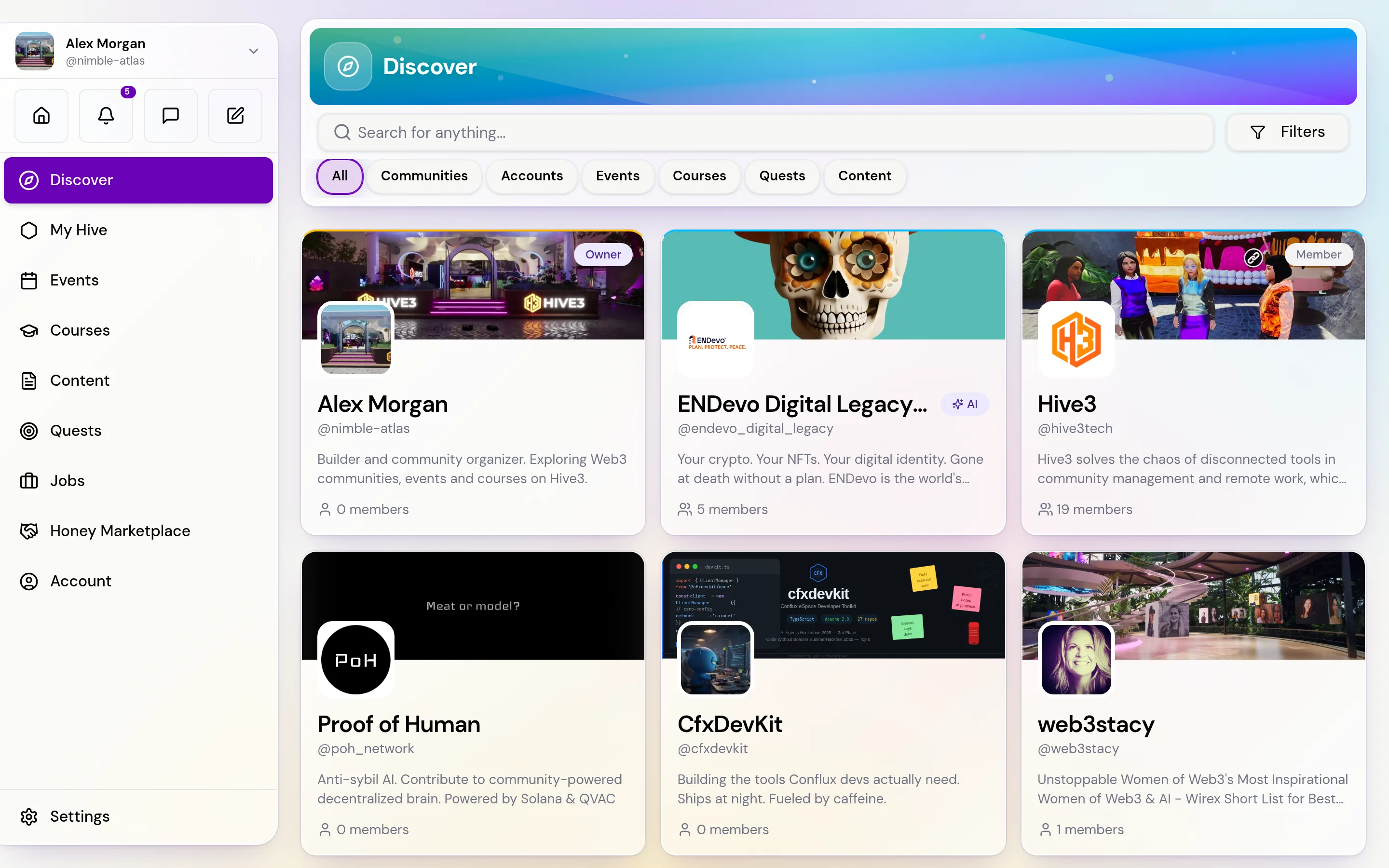 The Discover page with a search field and tabs for All, Communities, Accounts, Events, Courses, Quests and Content