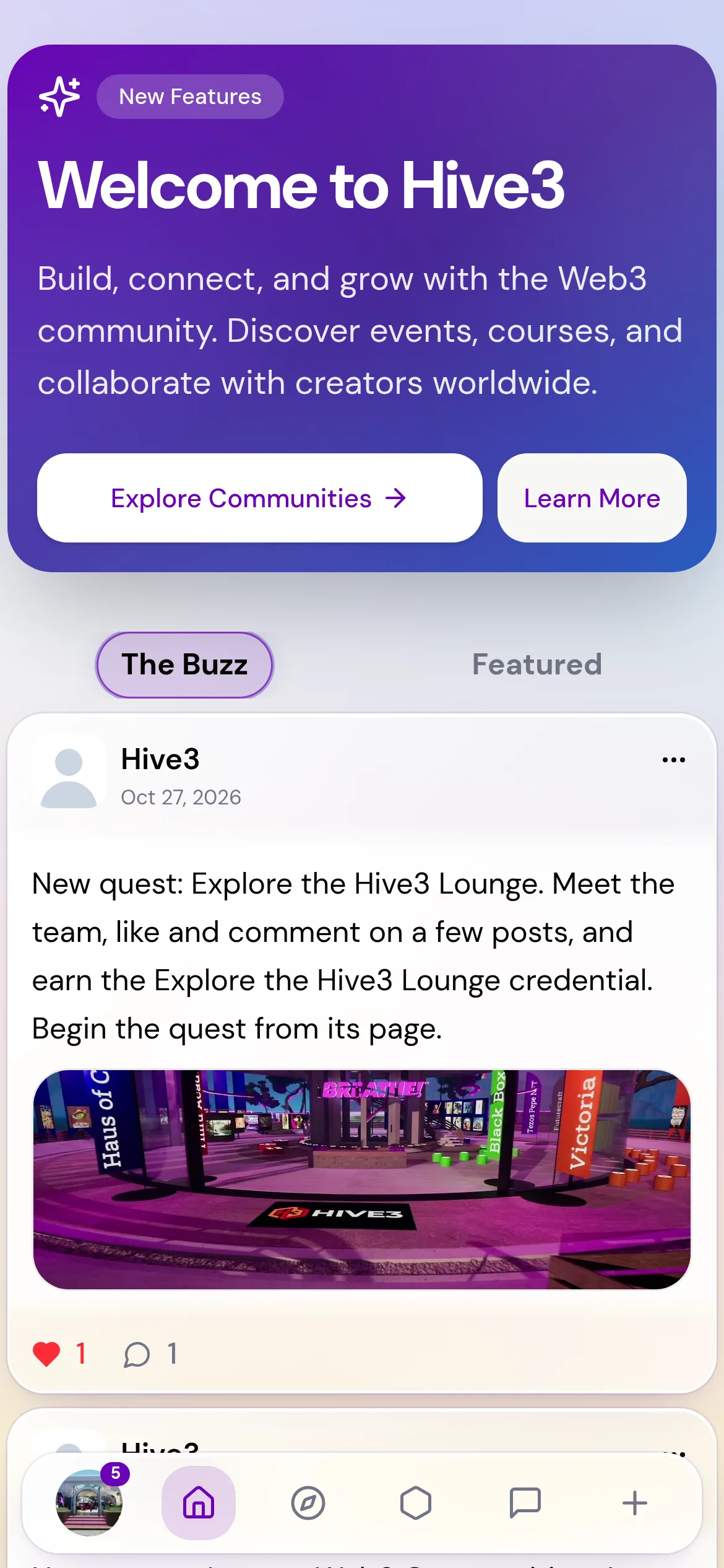 A phone screen with the floating bottom bar: profile photo, Home, Discover, My Hive, Messages and a plus button