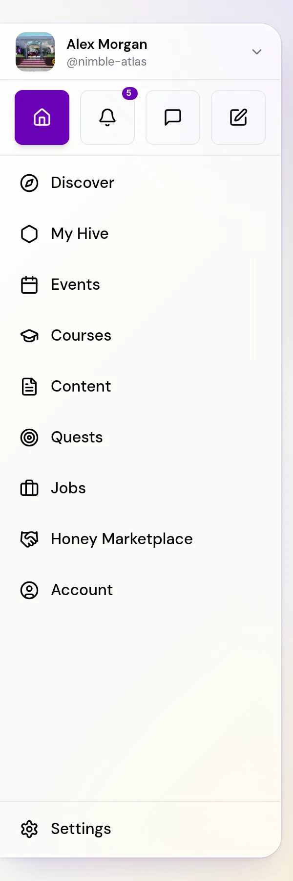 The Hive3 desktop sidebar showing the account menu, four quick-action icons, the main navigation list and Settings