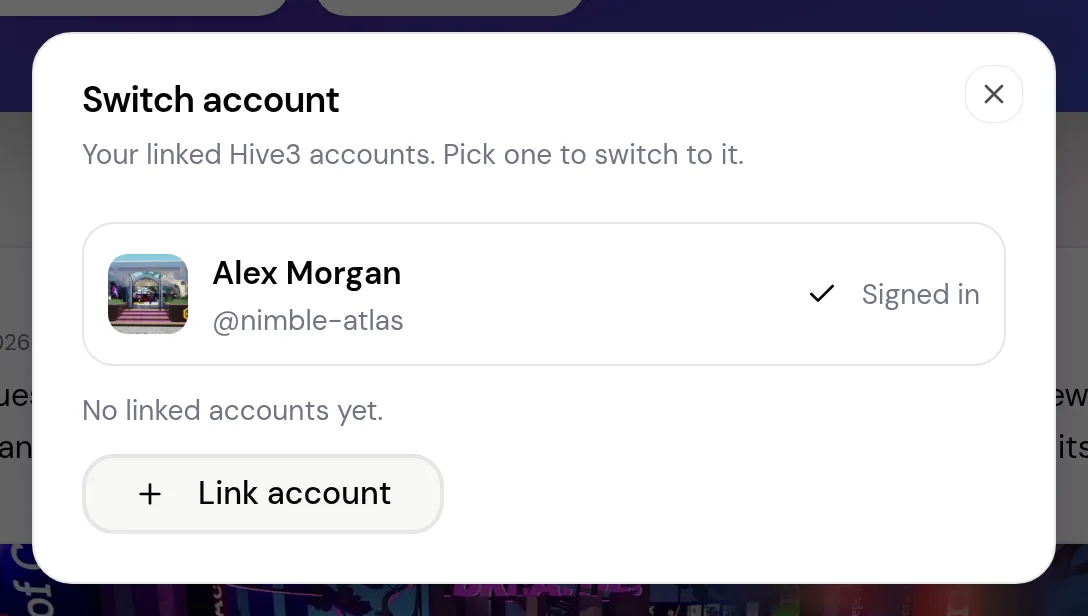 The Switch account window listing the signed-in account and linked accounts, with a Link account button