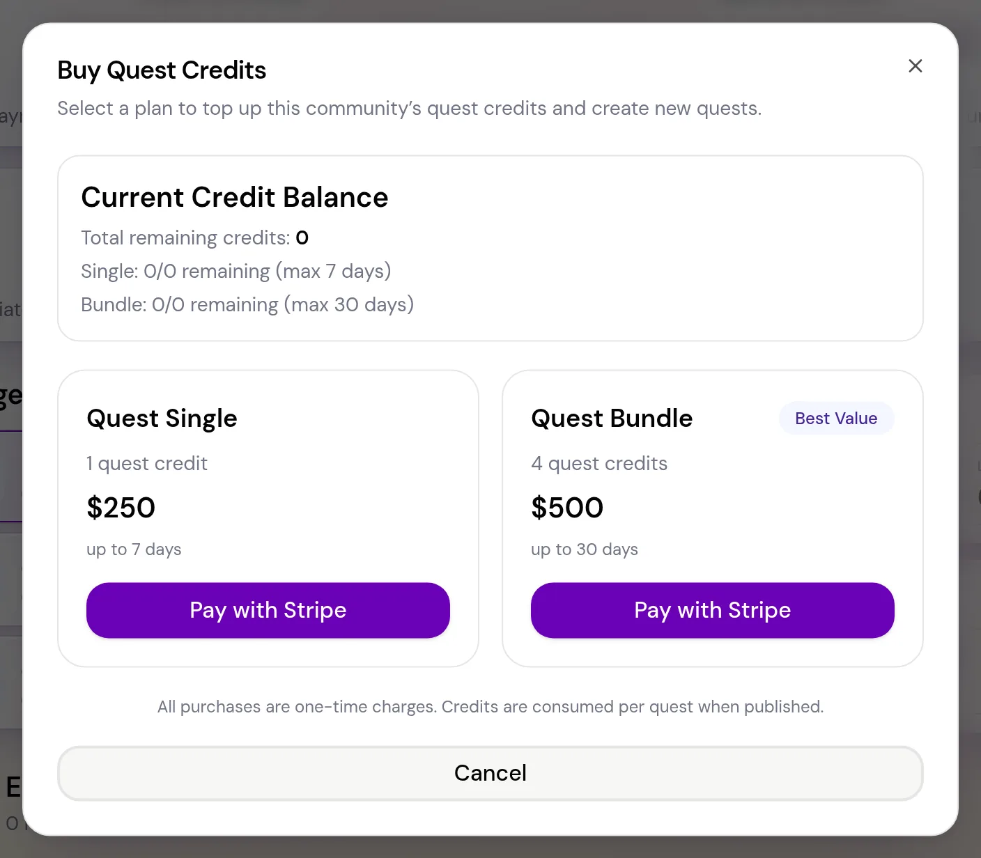 The Buy Quest Credits window showing the current credit balance and the Quest Single and Quest Bundle packs