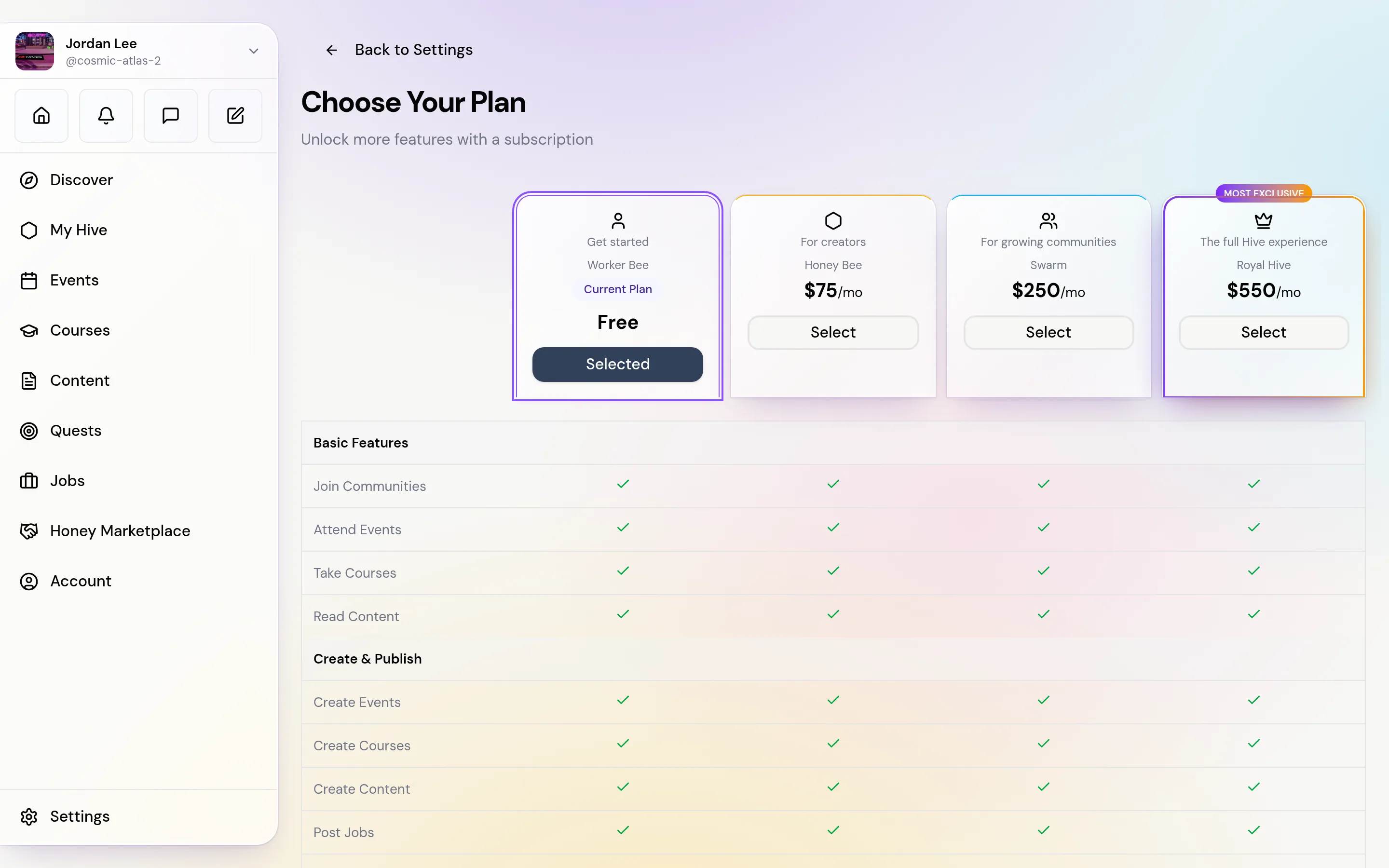 The Choose Your Plan page with four plan columns showing their prices, a Select button under each, and the top of the feature table