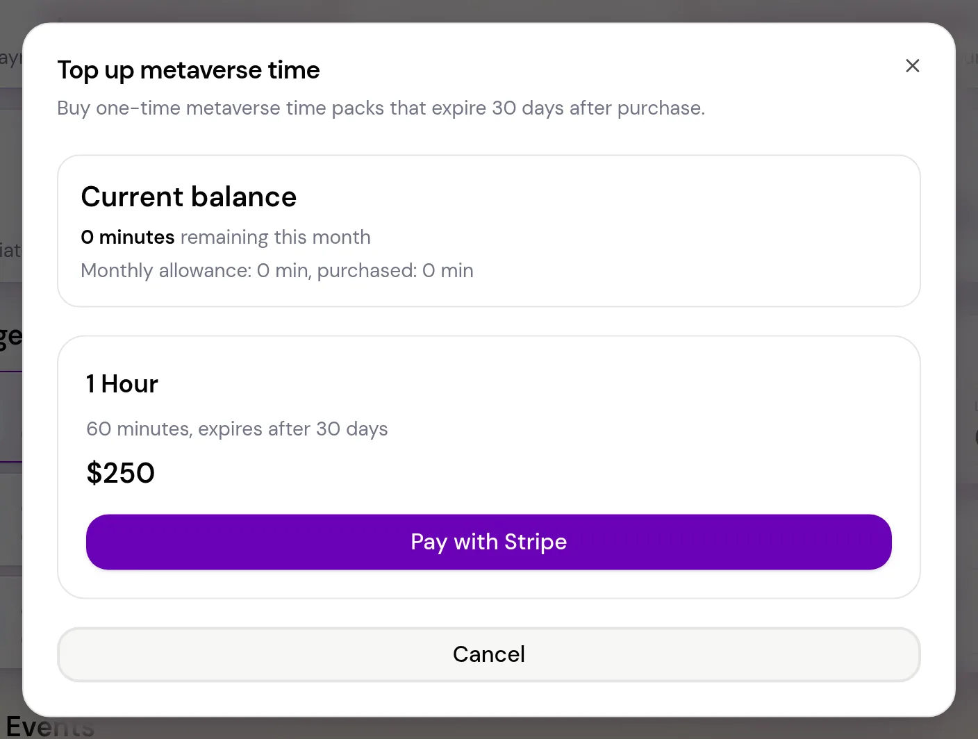 The Top up metaverse time window showing the current balance and the 1 Hour pack