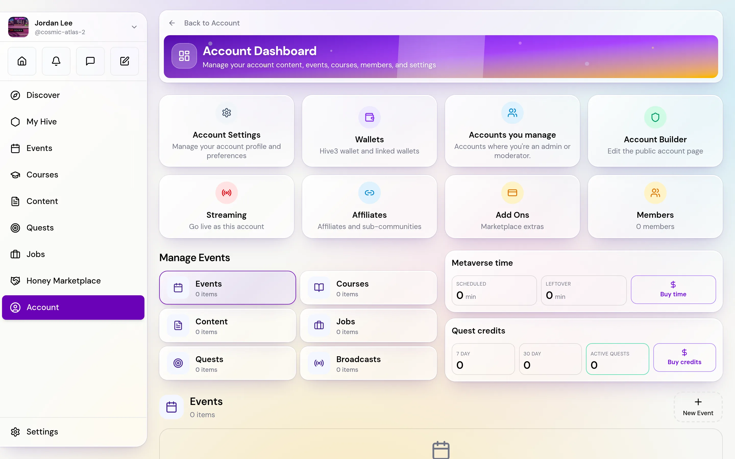 A personal account dashboard with action cards for Account Settings, Wallets, Accounts you manage, Account Builder, Streaming, Affiliates, Add Ons and Members, tabs for Events, Courses, Content, Jobs, Quests and Broadcasts, and summaries for Metaverse time and Quest credits
